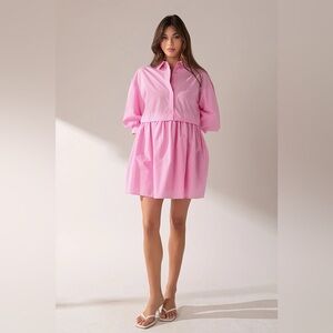 English Factory Pink Striped Puff Sleeve Shirt Dress